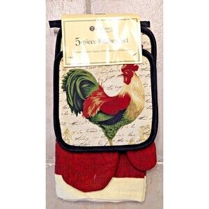 French Country Rooster Kitchen Towels Oven Mitt Potholders 5pc Black Red Gift